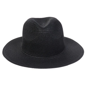 Close-up of finely woven black straw fedora showing high-quality texture and wide brim