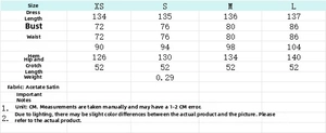 Detailed size chart with measurements for the satin slip dress in centimeters