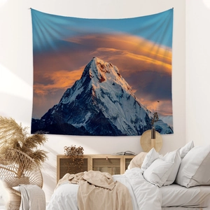 Bohemian tapestry featuring sunset mountain peaks over clouds for bedroom wall decor