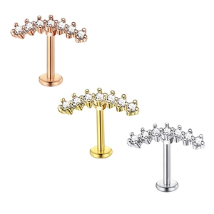 Curved Row Zircon Cartilage Earring Stud Stainless Steel Flat Back Labret Lip Piercing Jewelry Screw Fashion Women Accessory