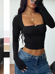 Women Square Neck Long Sleeve T-Shirt Solid Color Slim Fit Backless Crop Top Y2K Streetwear Viscose Elastane