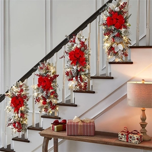 Christmas Staircase Swag Garland With LED Lights Velvet Bow Pine Cones Berries For Home Holiday Mantle Decor