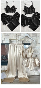 Three-piece satin sleepwear set with camisole, shorts, and trousers in champagne gold and black