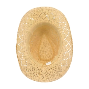 Hollow straw cowboy hat in natural khaki color with inner sweatband and adjustable rope