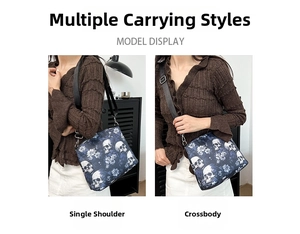 Dual display of skull pattern nylon tote bag showing shoulder and crossbody wear styles