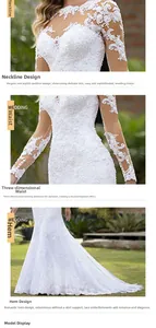Detail view of lace mermaid wedding dress with sheer long sleeves and floral embroidery