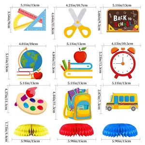 Size chart for Back to School honeycomb centerpieces showing measurements for table decor
