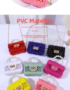 Detailed grid of mini PVC jelly bags in multiple colors with pearl handles and gold chains