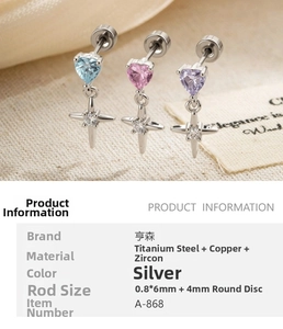 Detail of titanium steel cross earrings with blue pink and purple cubic zirconia stones