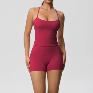 Deep rose red high-density elastic yoga set with slim fit tank top and high waist shorts