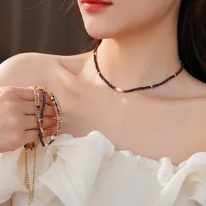 Titanium steel necklace with freshwater pearl and colorful beaded bracelets set