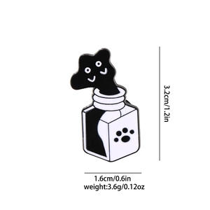 Detail view of cartoon black cat ghost enamel pin with precise size and weight dimensions