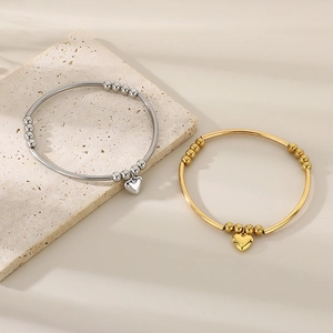 Bracelets à perles en acier inoxydable doré et argenté avec pendentifs cœur sur pierre