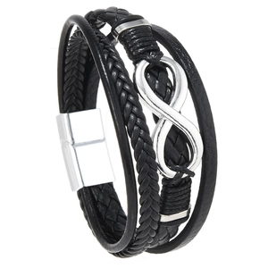 Fashionable multilayer black leather bracelet with silver infinity symbol and magnetic clasp