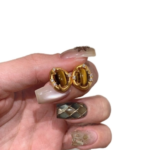 18k gold plated stud earrings with oval tiger eye stone and zircon accents