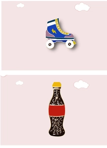 Detail of blue roller skate and classic cola bottle enamel pins on pink background
