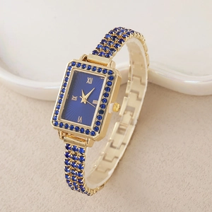 Montre À Quartz Pour Femmes De Luxe Cadran Carré Avec Strass Chiffres Romains Bracelet Élégant En Alliage Métallique