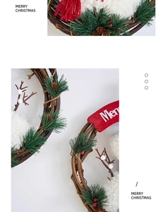 Detail of Christmas snowman rattan wreath with pine needles and red ornaments