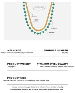 Detail view of double-layer titanium steel necklace with turquoise beads and flat snake chain