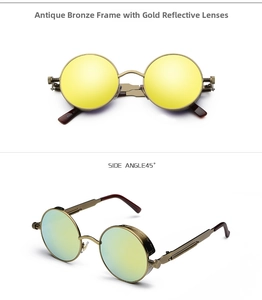 Steampunk round sunglasses with bronze metal frames and gold reflective lenses