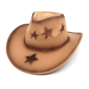 Brown western cowboy felt hat featuring dark star patterns and a curved brim