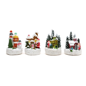 Set of 4 Christmas resin miniatures including Santa, snowman, tree and LED snow house