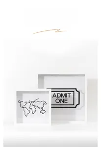 White minimalist shadow box frames set with world map and vintage ticket art prints