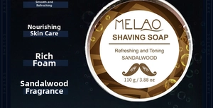 Detail view of MELAO Sandalwood Shaving Soap in a 110g tin can for men's grooming