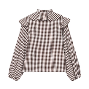 Chemise à carreaux marron et blanc avec col à volants et manches bouffantes, vue arrière