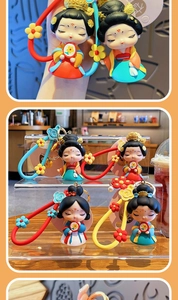 Detail of Chinese style Tang lady keychain with colorful resin charms and flower accents