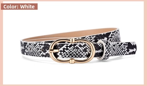 Close-up of white snake skin pattern leather belt with golden double ring buckle