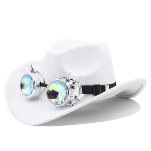 Close-up of white felt cowboy hat with steampunk goggles featuring colorful lenses and spikes