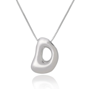 Macro detail of high-polished silver letter D pendant on a sleek box chain link