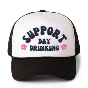 Classic black and white trucker hat with Support Day Drinking print and mesh back