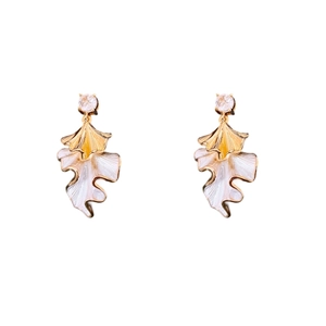 Elegant leaf earrings with silver needle, gold-white enamel petals and zircon crystal studs