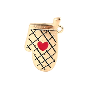 Detail of oven mitt charm in gold alloy with red heart and black grid pattern
