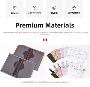 Detail view of marble pattern PU leather passport holder and luggage tag set with card slots