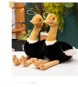 Close-up of small ostrich plush toys with long necks and fluffy collars in a cozy home setting