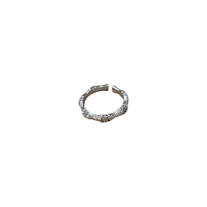 Bamboo style silver adjustable ring with sparkling zircon crystals in a minimalist design