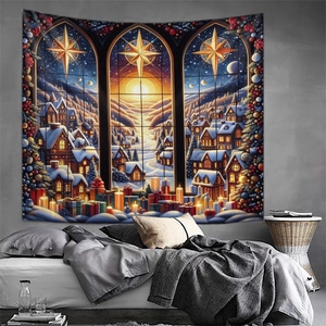 Detail of Christmas wall tapestry showing a snowy night scene with three window panes