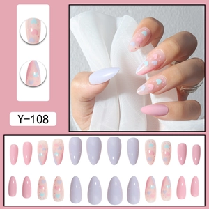 Pink and purple heart almond press-on nails set including a full 24-piece kit