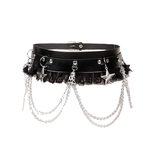 Punk black leather lace choker with silver star pendant and layered metal chains