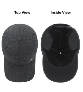 Detail view of winter baseball cap with plush lining and foldable ear protection flaps