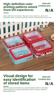 Detailed view of Christmas tin box with transparent lid featuring festive holiday patterns