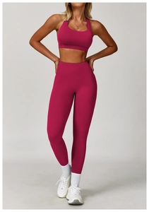 Dettaglio del set fitness rosa rosso con reggiseno sportivo e leggings yoga a vita alta