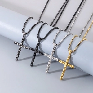 Stainless Steel Cross Pendant Necklace With Brushed Chain Weave Texture Industrial Hip Hop Jewelry For Men And Women