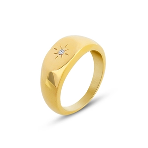 Bague chevalière rétro plaquée or 18k avec zircon serti et motif rayon de soleil