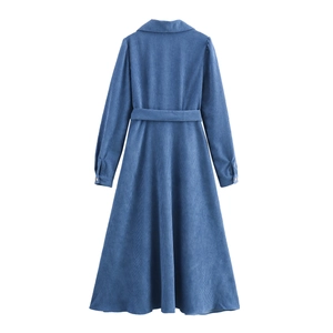 Blue corduroy long sleeve midi dress with collar and waist belt, back view perspective