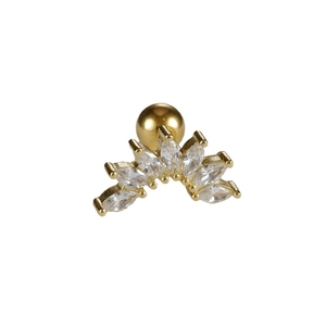 Gold leaf leaf stud earring with marquise cut zircon and screw back for cartilage piercing