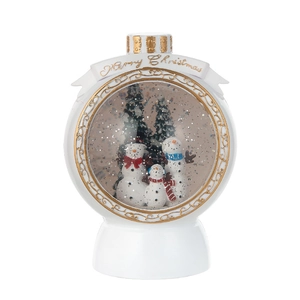Christmas musical snow globe with snowman family and gold Merry Christmas banner